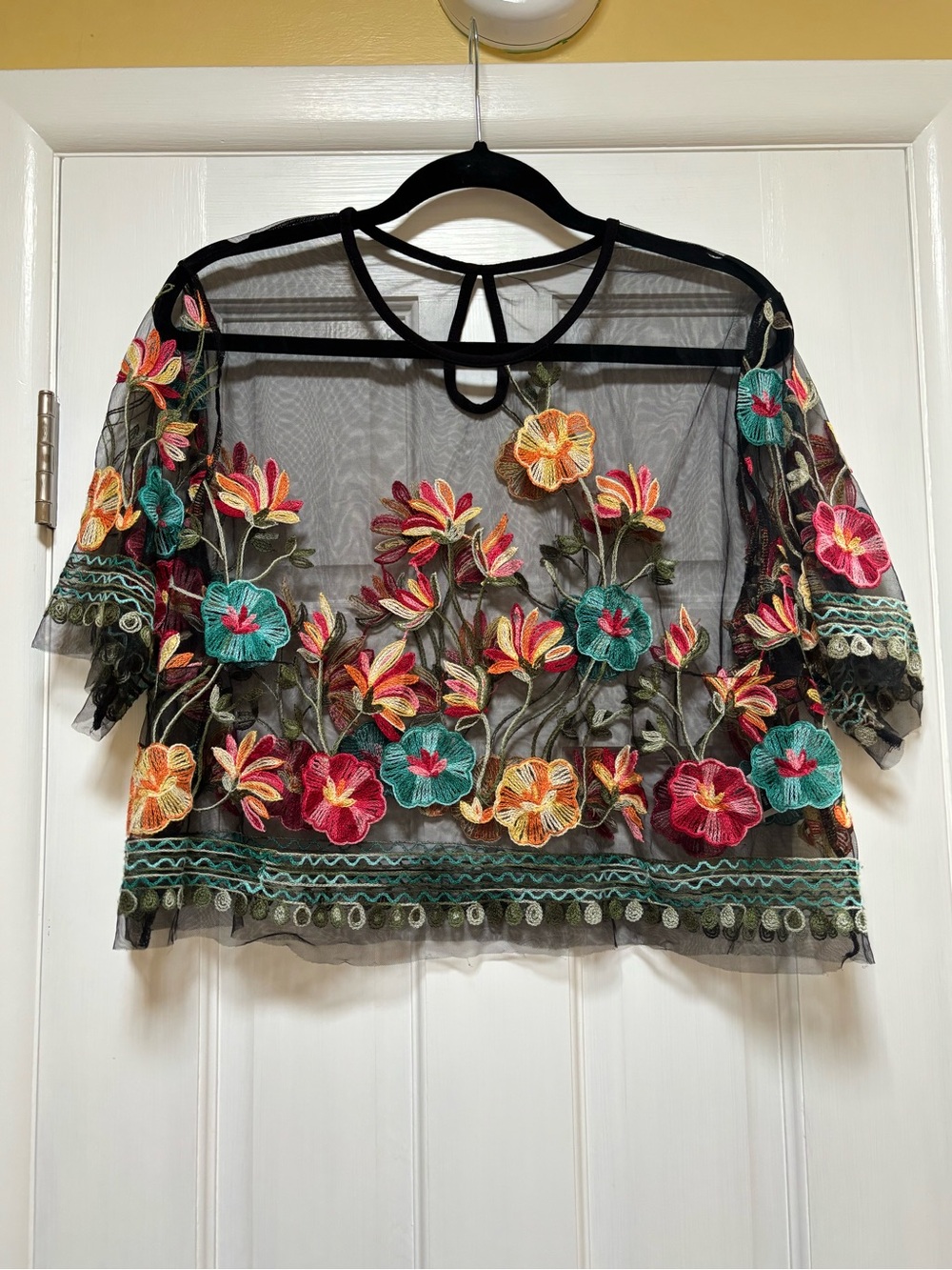 SHEIN Black Sheer Floral Embroidered Crop Top with Multicolor Blooms